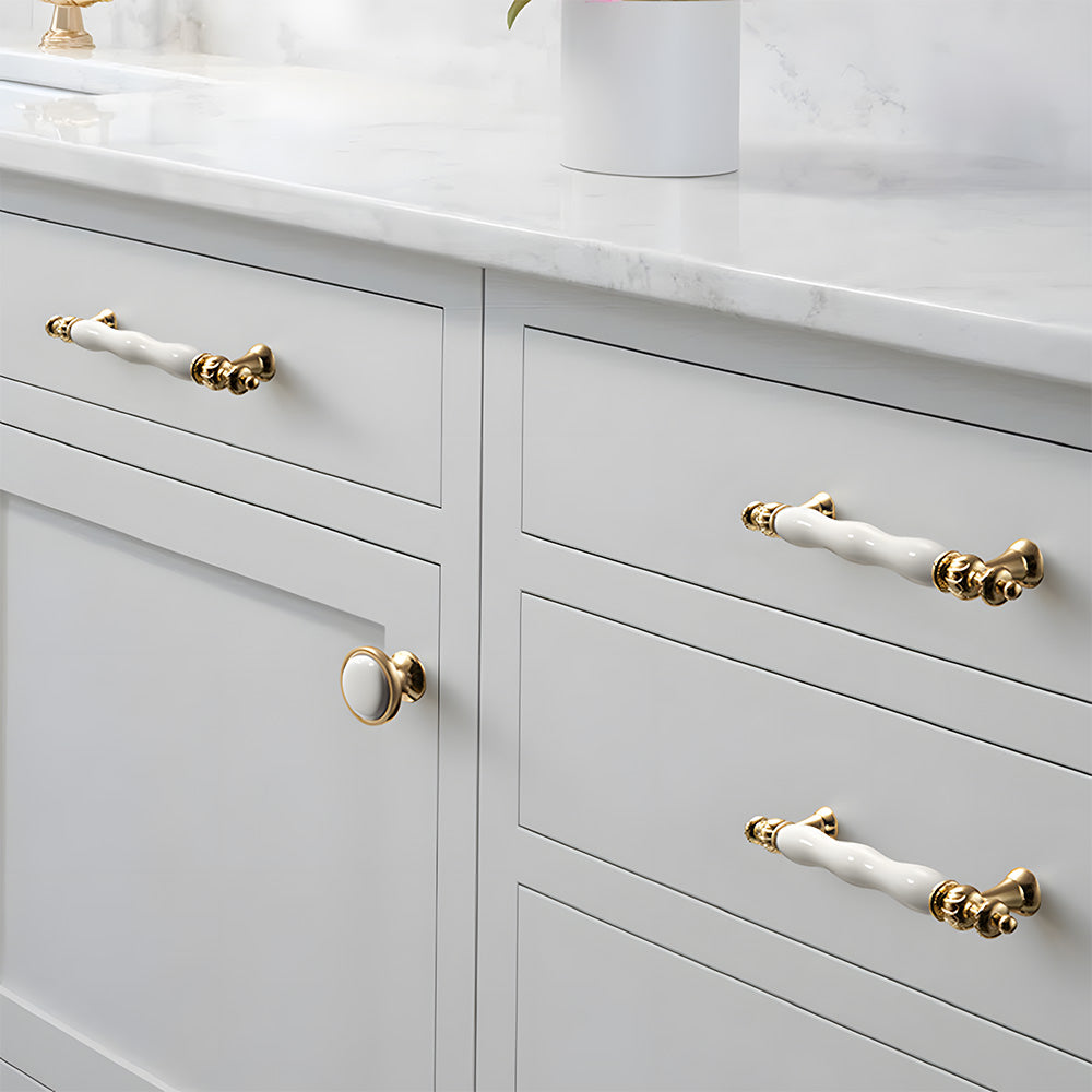 Retro White Ceramic Satin Finish Cabinet Drawer Bar Handles by LookiDecor