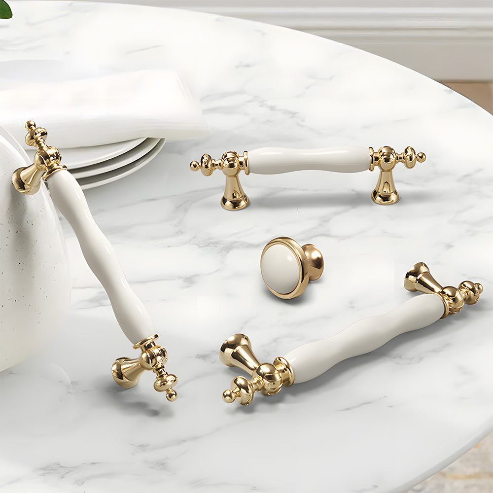 Retro White Ceramic Satin Finish Cabinet Drawer Bar Handles by LookiDecor