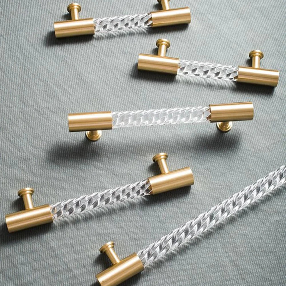 Gold Satin Finish Acrylic Knurled Lines Designed Cabinets T Bar Handle by LookiDecor