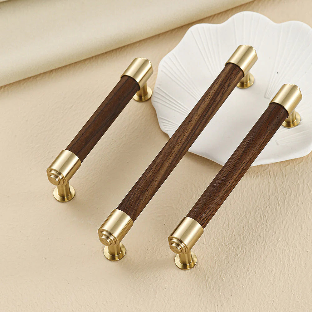 Walnut Wood Cabinet Handles and Drawer Pulls with Gold Brass for Kitchens by LookiDecor