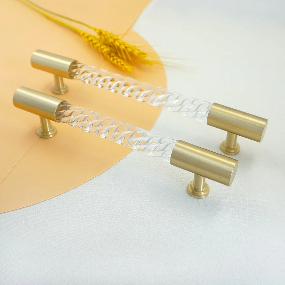Gold Satin Finish Acrylic Knurled Lines Designed Cabinets T Bar Handle by LookiDecor