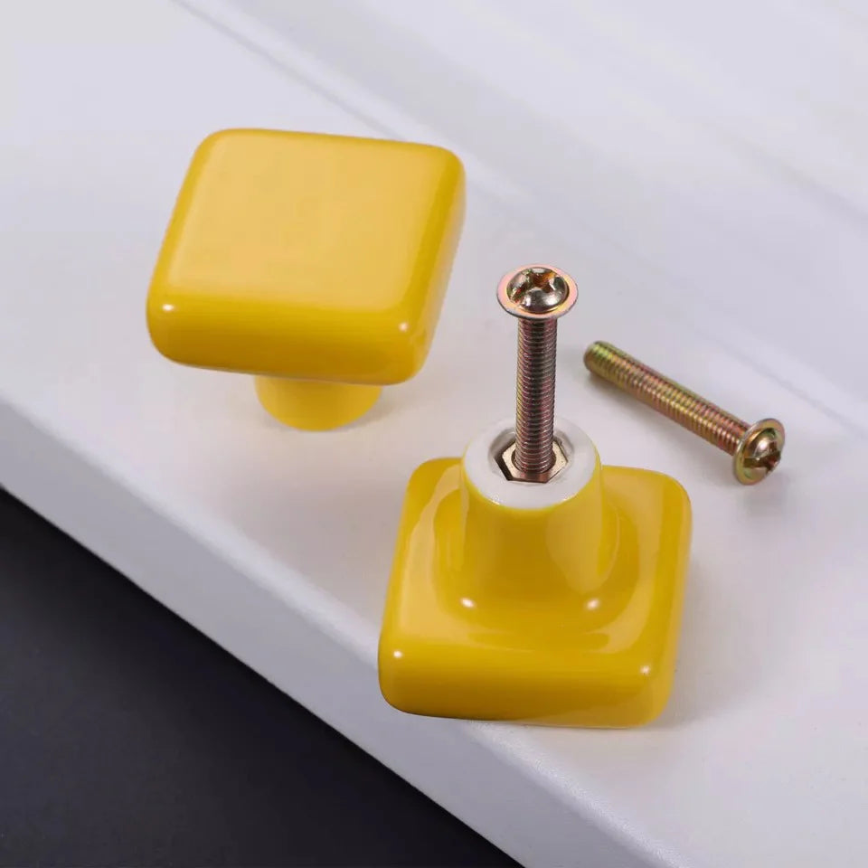 Yellow Ceramic Square Shape Children's Cabinet Drawer Knobs by LookiDecor