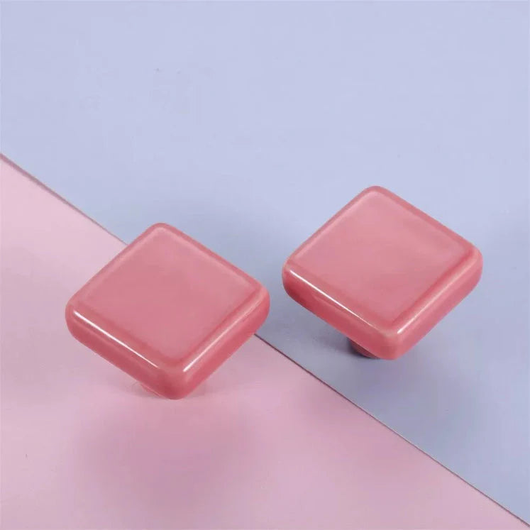 Pink Ceramic Square Shape Children's Cabinet Drawer Knobs by LookiDecor