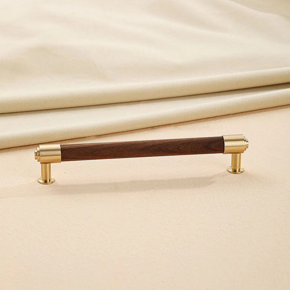 Walnut Wood Cabinet Handles and Drawer Pulls with Gold Brass for Kitchens by LookiDecor