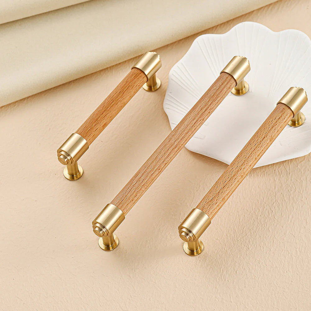 Beech Wood Cabinet Handles and Drawer Pulls with Gold Brass for Kitchens by LookiDecor